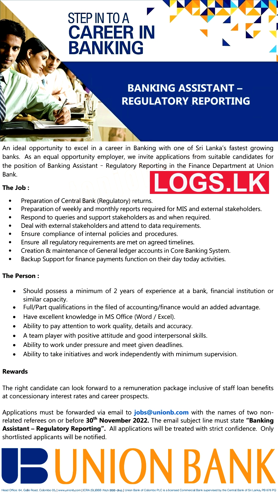 Banking Assistant Job Vacancy 2023 in Union Bank Sri Lanka Jobs